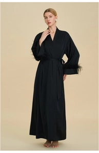 Close-up of luxurious black satin robe featuring elegant feather trim on the sleeves