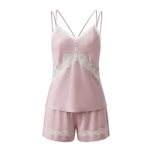 Pink satin two-piece pajama set with white lace trim and backless camisole top