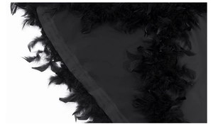 Detailed close-up of luxurious black feather trim on long sleeve women's sleepwear robe