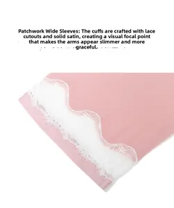 Dettaglio della manica in raso rosa con bordo in pizzo floreale bianco e ciglia fine