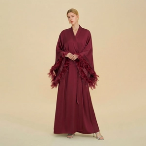 Luxury Women Satin Robe With Feather Trim Cuffs Elegant V-Neck Floor Length Bridal Morning Robe For Wedding Party Sleepwear