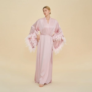 Elegant pink silk robe with feather trim sleeves and matching waist belt for women
