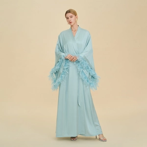 Elegant light blue satin bridal robe with feather trim sleeves and matching waist belt