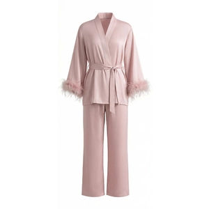Pink silk satin pajama set with long sleeves and detachable feather cuffs for women