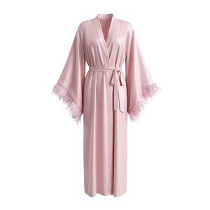 Luxurious pink satin long nightdress with feather cuffs and waist tie for women