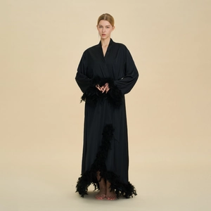 Women Luxury Satin Long Robe With Feather Trim Belted Nightgown For Bridal Party Loungewear Elegant V-Neck Home Bathrobe