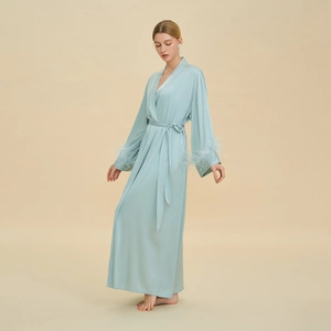 Luxurious Satin Long Robe With Feather Cuffs For Women V-Neck Belted Loungewear Bridesmaid Wedding Morning Gown Gift