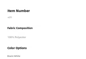 Size chart showing 100% polyester fabric and black or white color options for the robe