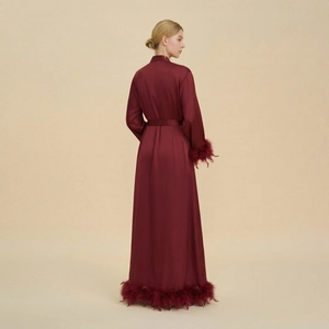Elegant burgundy long satin robe with luxurious feather trim sleeves and tie waist