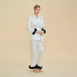 French Style Satin Loungewear Top And Pants With Contrast Piping And 3D Flower Trim Elegant V Neck Long Sleeve Pajamas For Women