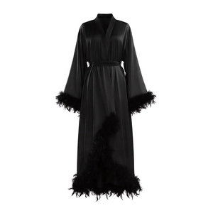 Elegant long black silk bathrobe with luxury feather trim on sleeves and hemline for women