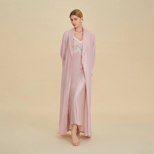 Luxurious Artificial Pearl Chiffon Bathrobe For Women Elegant Long Bridal Morning Robe With Lace Cuffs V-Neck Tie-Waist Sleepwear Nightgown