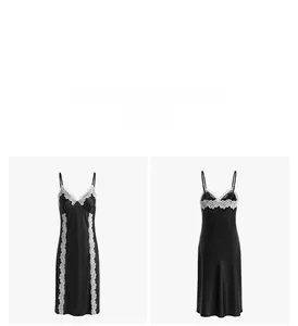 Vista frontale e posteriore dell'elegante camicia da notte in raso nero con pizzo bianco e scollo a V