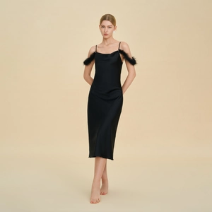 Elegant black satin slip dress with luxury feather straps for bridal morning party