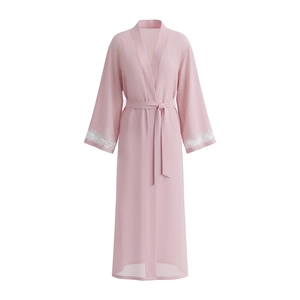 Elegant pink pearl chiffon bathrobe with white lace sleeves and waist tie for women