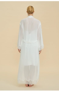 Elegant white chiffon robe featuring intricate lace trim on sleeves and hem for women