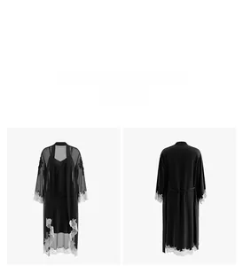 Detailed front and back view of black chiffon sleepwear with white lace trims