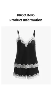 Détail du pyjama en satin noir avec dentelle florale blanche sur le décolleté et le short