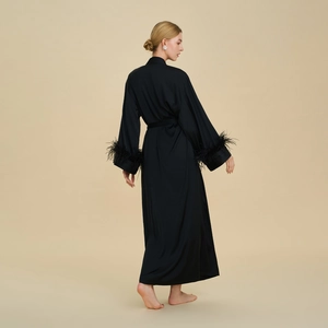 Luxury black satin long robe for women featuring elegant feather cuffs and waist tie