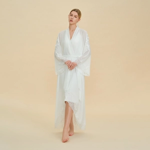 Elegant white lace long bridal robe with floral details and waist tie belt