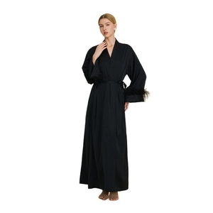 Luxurious black satin robe for women with feather-trimmed sleeves and matching waist tie