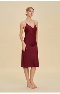 Detailed view of burgundy satin slip dress with elegant V-neckline and slender straps