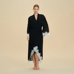 Women Elegant Chiffon Long Nightgown Lace Trim V-Neck Morning Robe With Belt Bridal Wedding Sleepwear For Women