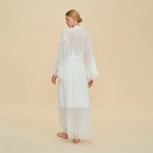 Elegant white chiffon lace robe for women with sheer embroidery and waist tie