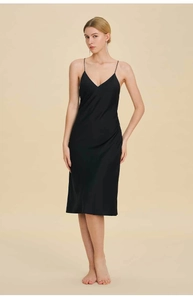 Detail view of black satin V-neck nightgown with thin straps and smooth glossy texture