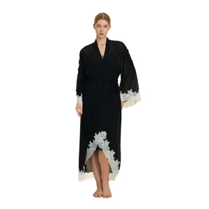 Elegant black chiffon bathrobe for women with white lace trim and adjustable belt tie