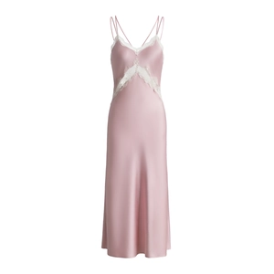 Pink silk slip nightgown with delicate white lace trim and adjustable thin dual straps