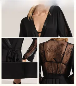 Detailed design of black satin robe featuring lace sleeves and backless waist tie