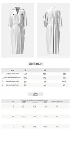 Size chart for women's long satin robe showing S M L measurements in centimeters