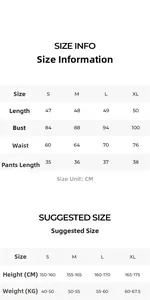 Detailed size chart for women's three-piece sleepwear set showing S to XL measurements