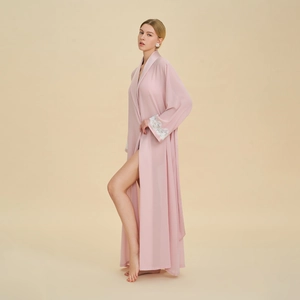 Vestaglia Lunga in Raso da Donna Elegante Bordo in Pizzo Scollo a V Camicia da Notte Morbida Effetto Seta Accappatoio Con Cintura Pigiami per Matrimonio Damigella Festa