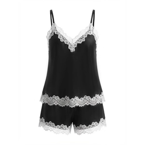 Ensemble pyjama en satin noir pour femme avec caraco à col en V et bordure en dentelle