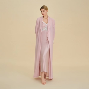 Elegante vestaglia lunga in chiffon di perle rosa chiaro con pizzo per donna