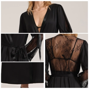 Elegant black satin long bathrobe for women featuring delicate lace patchwork and waist tie