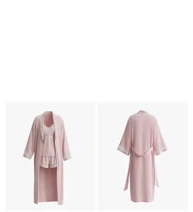 Detailed view of pink three-piece pajama set with lace trim featuring robe, top and shorts