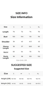 Detailed size chart for women's pajama set including top and bottom measurements