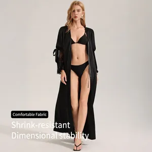 Women's black 3-piece satin lounge set with lace trim robe and bikini swimwear