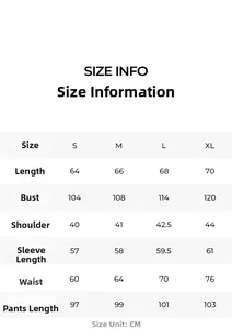 Detailed size chart for luxury pajama set with measurements for S to XL sizes