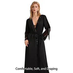Elegant long black satin robe with deep V-neck and delicate lace sleeves for home wear