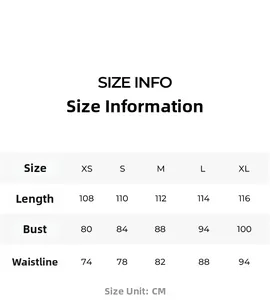 Size guide for backless nightgown showing measurements in CM for XS to XL sizes