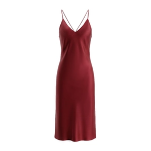 Elegant deep red satin slip dress with V-neck and thin crisscross straps on white background