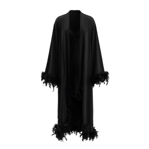 Luxurious black satin long robe set featuring elegant feather trim on sleeves and hemline