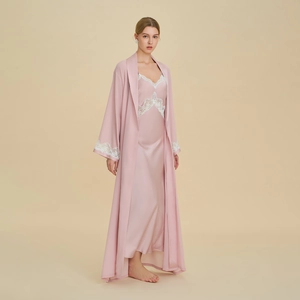 Pigiama da Donna Lussuoso in Satén Pizzo Scollo a V Sottoveste e Vestaglia Lunga Top Und Bottom per la Casa
