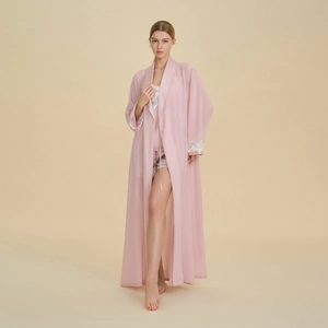 Luxurious Satin Lace Robe Camisole And Shorts For Women Elegant Peach Pink Loungewear V-Neck Soft Silk-Like Nightgown Pajama