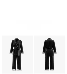 Detail of silk pajamas featuring contrast piping and elegant white floral cuffs on sleeves