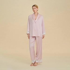 Luxury Satin Pajama Suit Women Long Sleeve Top And Long Pants With Lace Trim French Style Sleepwear Button Down Loungewear
